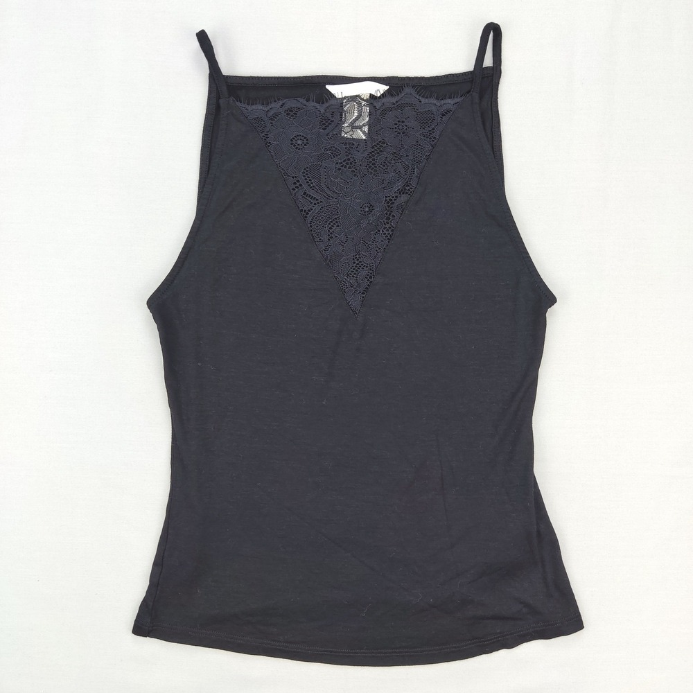H&M Tank Top Women S Black Lace Trim V-Neck High Neck Spaghetti Strap Camisole